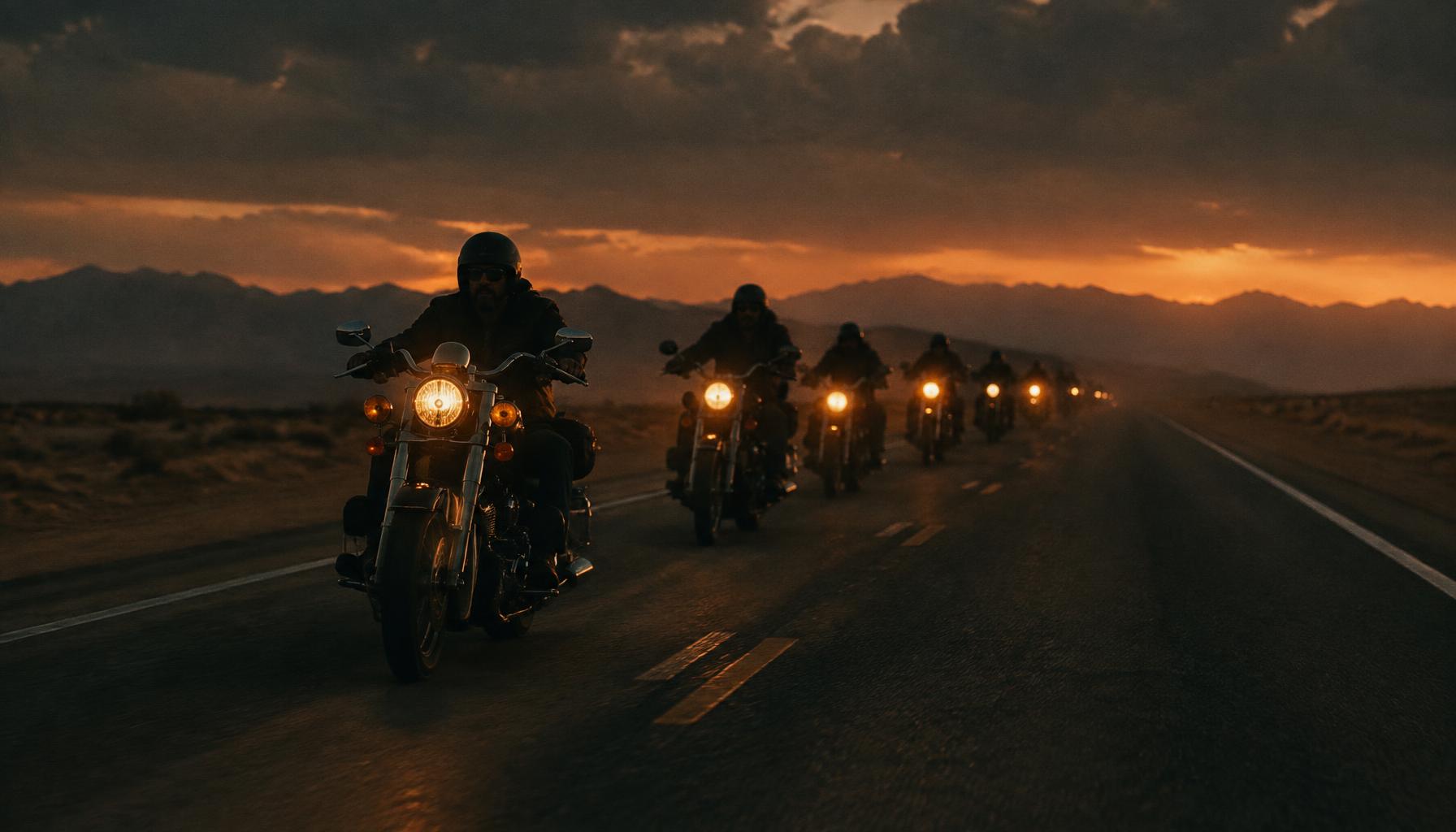 A line of motorcycles riding into the dusk, headlights glowing