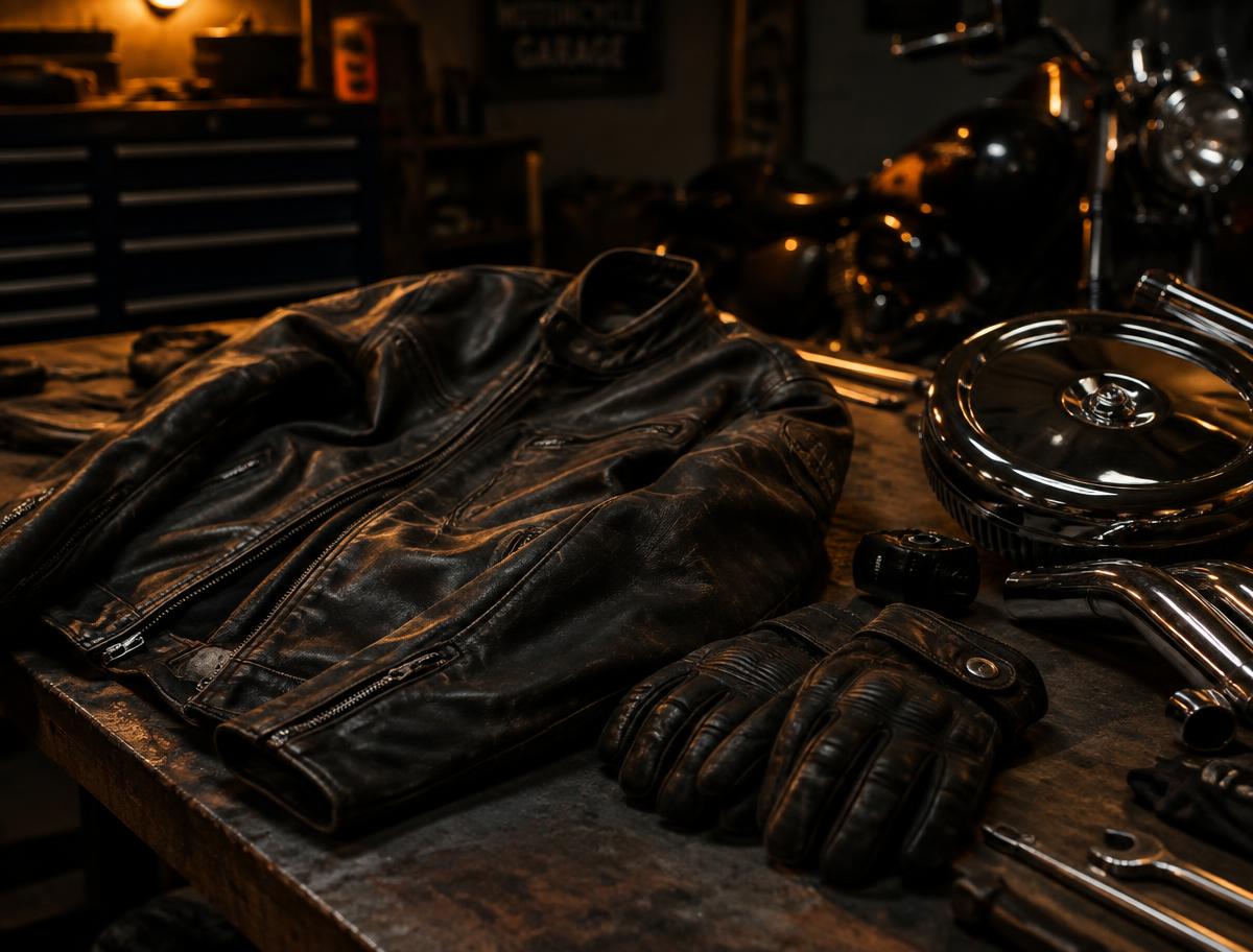 Weathered leather jacket and chrome parts on a workbench